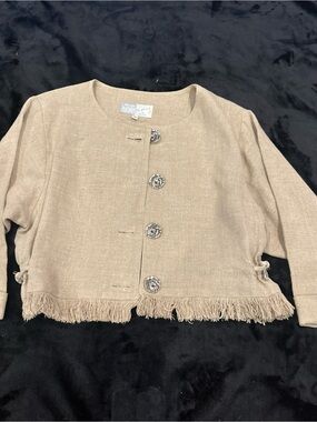Platinum by Dorothy Schoelen crop top 100% Linen with fringe bottom.